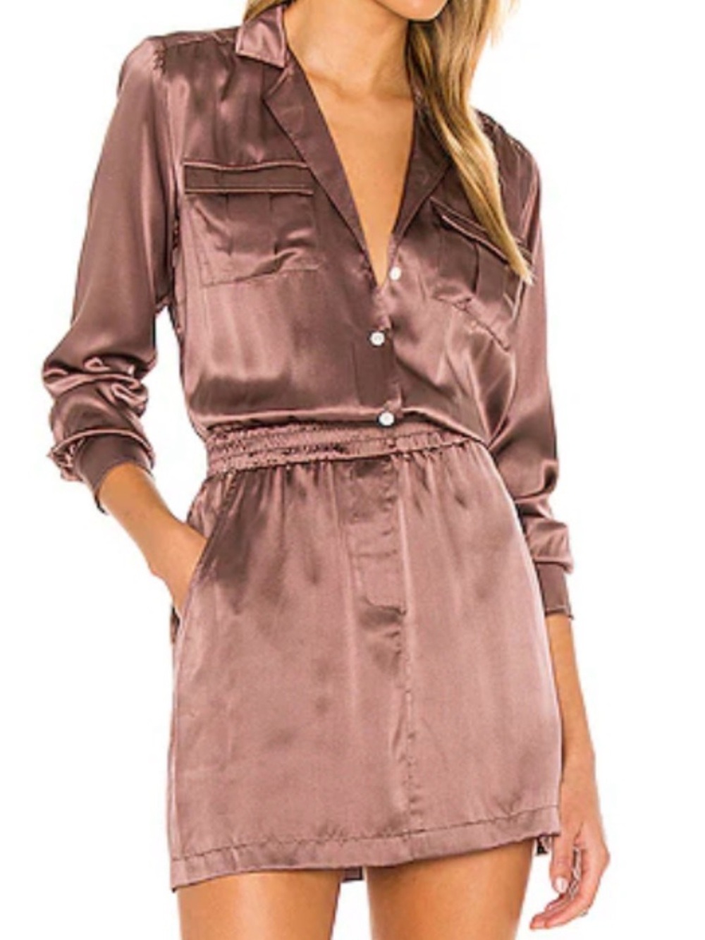 Amanda Uprichard Sheltan Dress Satin Long Sleeve Brown Mini Shirtdress Size S